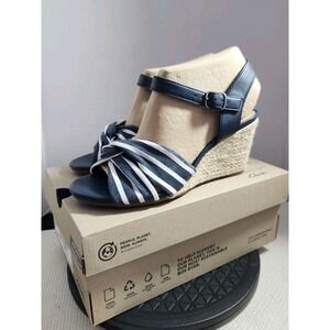 Clarks Women's Margee Beth Navy Stripe Wedge Sandal Size 7 W Espadrille  NEW
